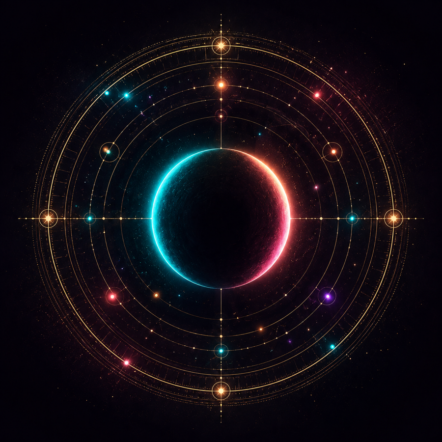 Un pianeta scuro attraversato da orbite luminose turchesi, corallo e oro
